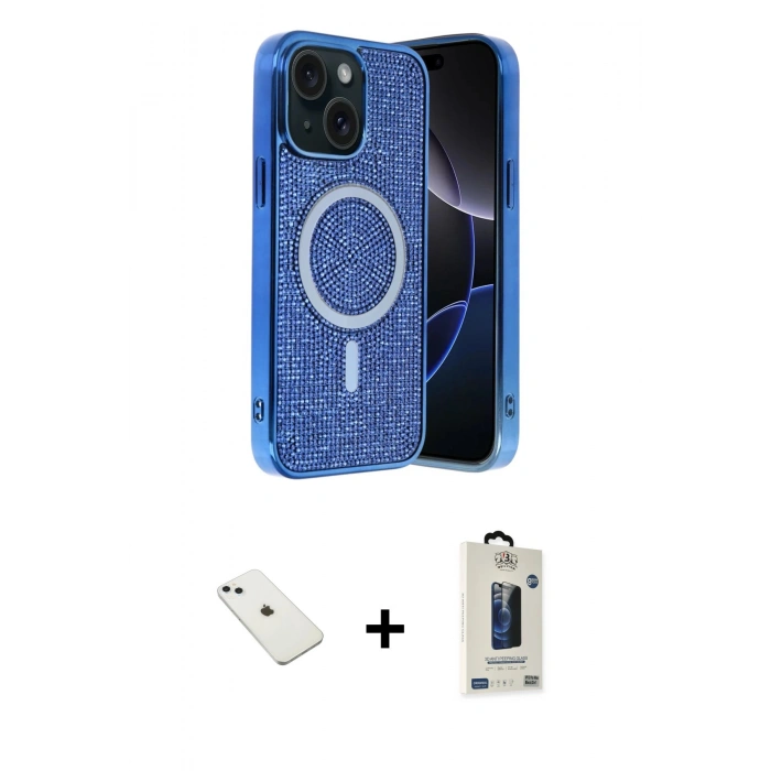 MARSİLYAN™- iPhone 14 Kılıf Eksen Çizgi - Siyah Bilvis Hayalet Cam Ekran Koruyucu + Diamond Kamera Lens - SABE