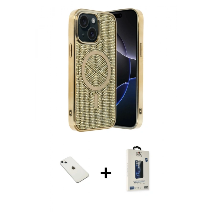 MARSİLYAN™- iPhone 14 Kılıf Eksen Çizgi - Siyah Bilvis Hayalet Cam Ekran Koruyucu + Diamond Kamera Lens - SABE