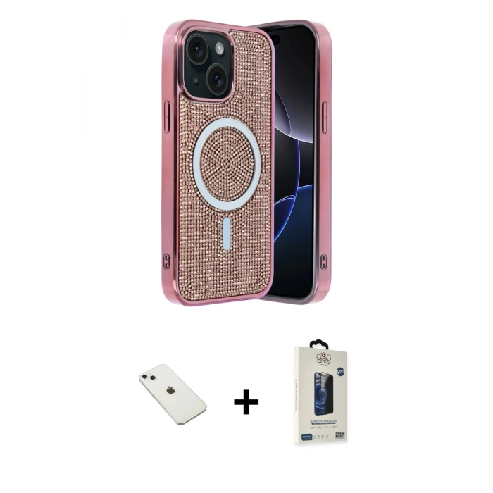 MARSİLYAN™- iPhone 14 Kılıf Eksen Çizgi - Siyah Bilvis Hayalet Cam Ekran Koruyucu + Diamond Kamera Lens - SABE