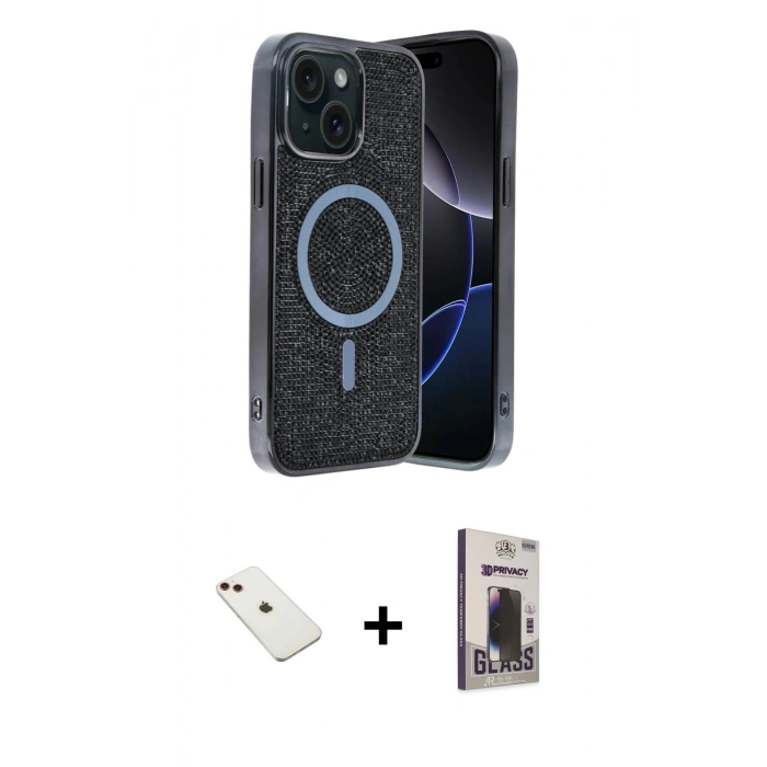 MARSİLYAN™- iPhone 14 Kılıf Eksen Çizgi - Siyah Bilvis Hayalet Cam Ekran Koruyucu + Diamond Kamera Lens - KI