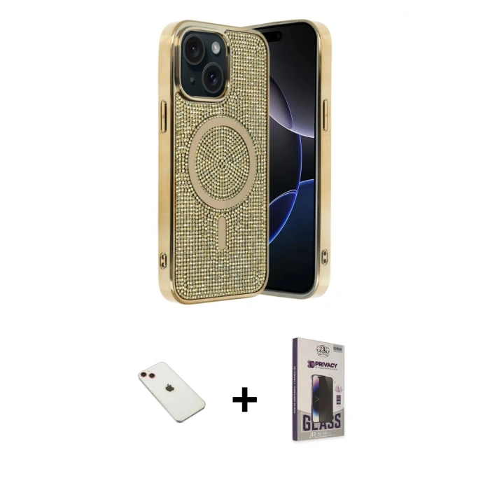 MARSİLYAN™- iPhone 14 Kılıf Eksen Çizgi - Siyah Bilvis Hayalet Cam Ekran Koruyucu + Diamond Kamera Lens - KI