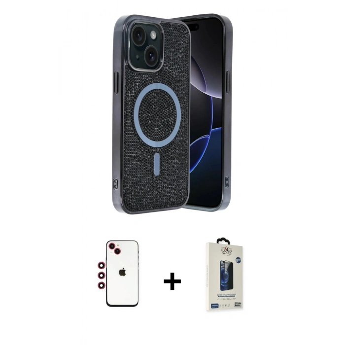 MARSİLYAN™- iPhone 14 Kılıf Eksen Çizgi - Siyah Bilvis Hayalet Cam Ekran Koruyucu + Shine Kamera Lens - KI