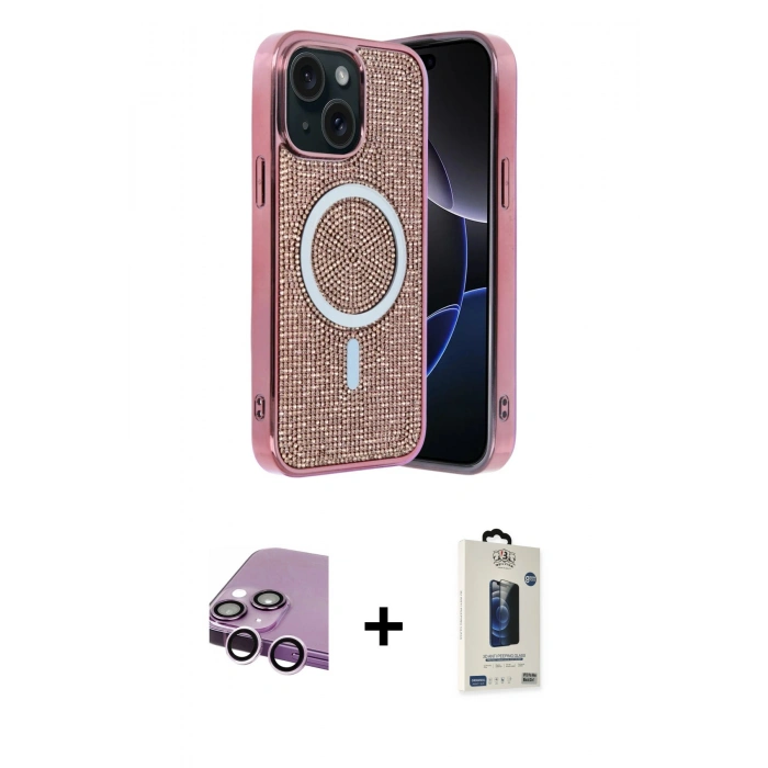 MARSİLYAN™- iPhone 14 Kılıf Eksen Çizgi - Siyah Bilvis Hayalet Cam Ekran Koruyucu + Raze Metal Kamera Lens - MR