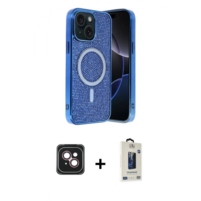 MARSİLYAN™- iPhone 14 Kılıf Eksen Çizgi - Siyah Bilvis Hayalet Cam Ekran Koruyucu + PVD Metal Kamera Lens - PE