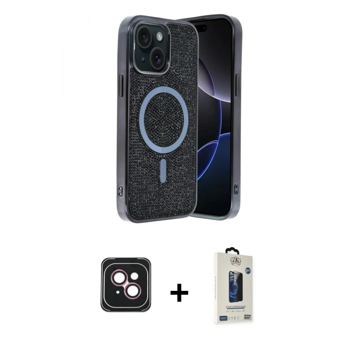 MARSİLYAN™- iPhone 14 Kılıf Eksen Çizgi - Siyah Bilvis Hayalet Cam Ekran Koruyucu + PVD Metal Kamera Lens - PE