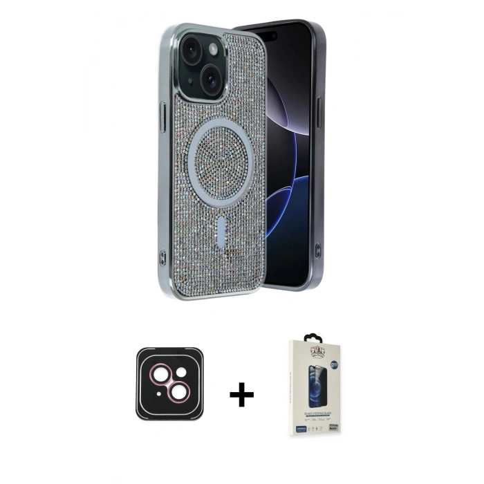 MARSİLYAN™- iPhone 14 Kılıf Eksen Çizgi - Siyah Bilvis Hayalet Cam Ekran Koruyucu + PVD Metal Kamera Lens - PE
