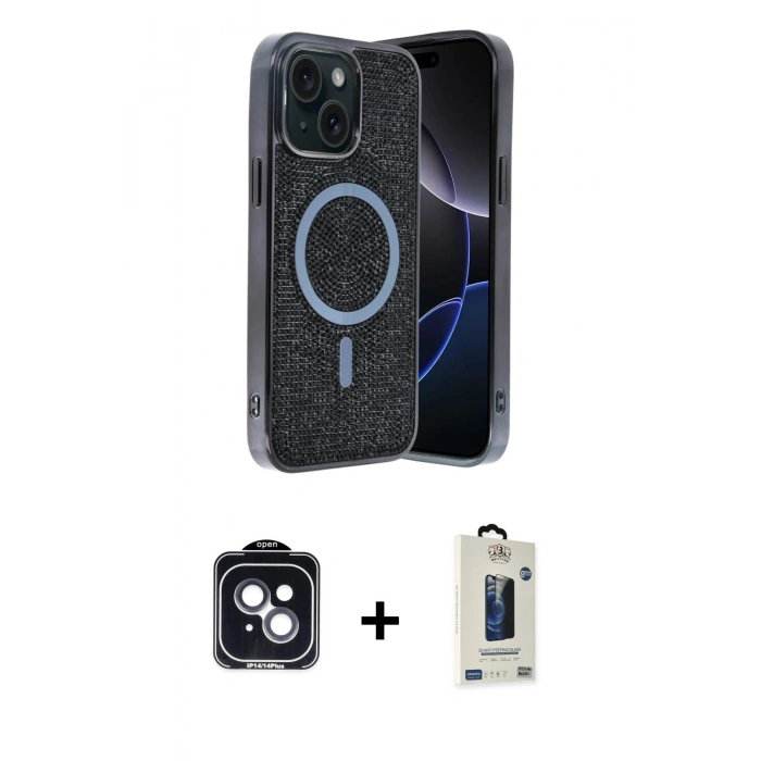 MARSİLYAN™- iPhone 14 Kılıf Eksen Çizgi - Siyah Bilvis Hayalet Cam Ekran Koruyucu + PVD Metal Kamera Lens - SH