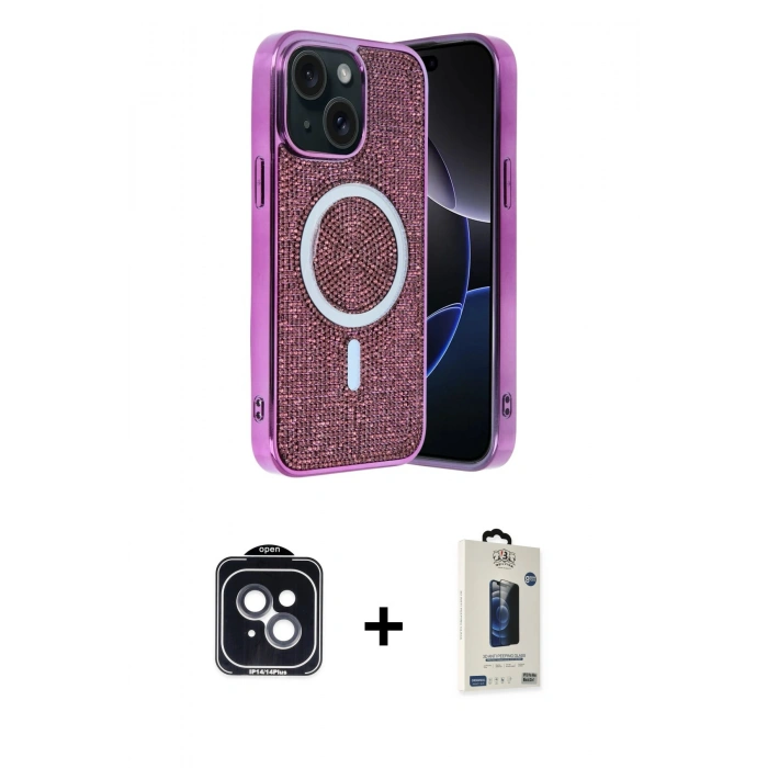 MARSİLYAN™- iPhone 14 Kılıf Eksen Çizgi - Siyah Bilvis Hayalet Cam Ekran Koruyucu + PVD Metal Kamera Lens - SH