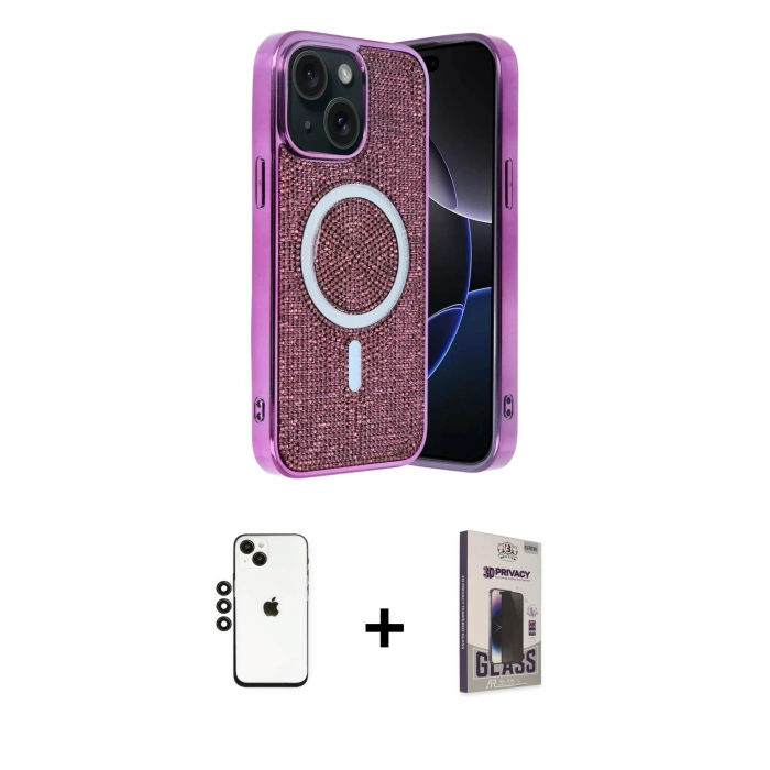 MARSİLYAN™- iPhone 14 Kılıf Eksen Çizgi - Siyah Bilvis Hayalet Cam Ekran Koruyucu + Shine Kamera Lens - SH