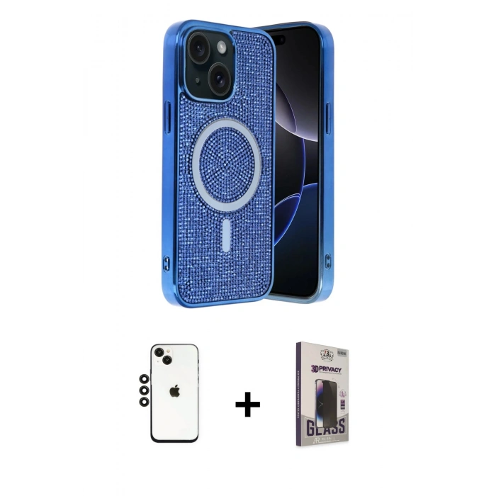 MARSİLYAN™- iPhone 14 Kılıf Eksen Çizgi - Siyah Bilvis Hayalet Cam Ekran Koruyucu + Shine Kamera Lens - SH