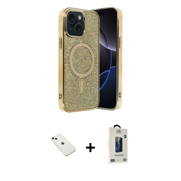 MARSİLYAN™- iPhone 14 Kılıf Eksen Çizgi - Siyah Bilvis Hayalet Cam Ekran Koruyucu + Diamond Kamera Lens - YL