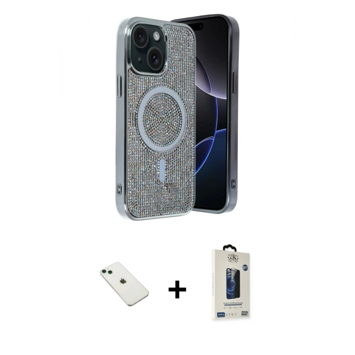 MARSİLYAN™- iPhone 14 Kılıf Eksen Çizgi - Siyah Bilvis Hayalet Cam Ekran Koruyucu + Diamond Kamera Lens - YL