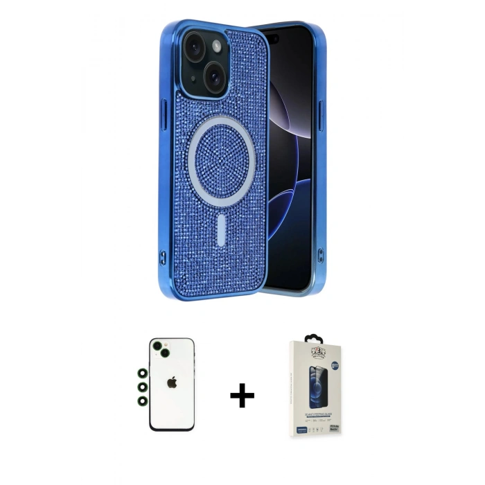 MARSİLYAN™- iPhone 14 Kılıf Eksen Çizgi - Siyah Bilvis Hayalet Cam Ekran Koruyucu + Shine Kamera Lens - YL