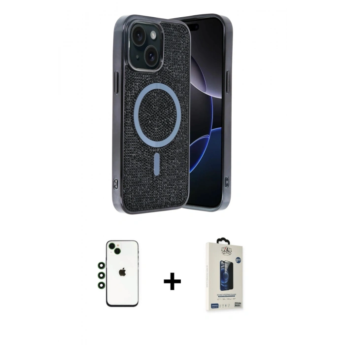 MARSİLYAN™- iPhone 14 Kılıf Eksen Çizgi - Siyah Bilvis Hayalet Cam Ekran Koruyucu + Shine Kamera Lens - YL