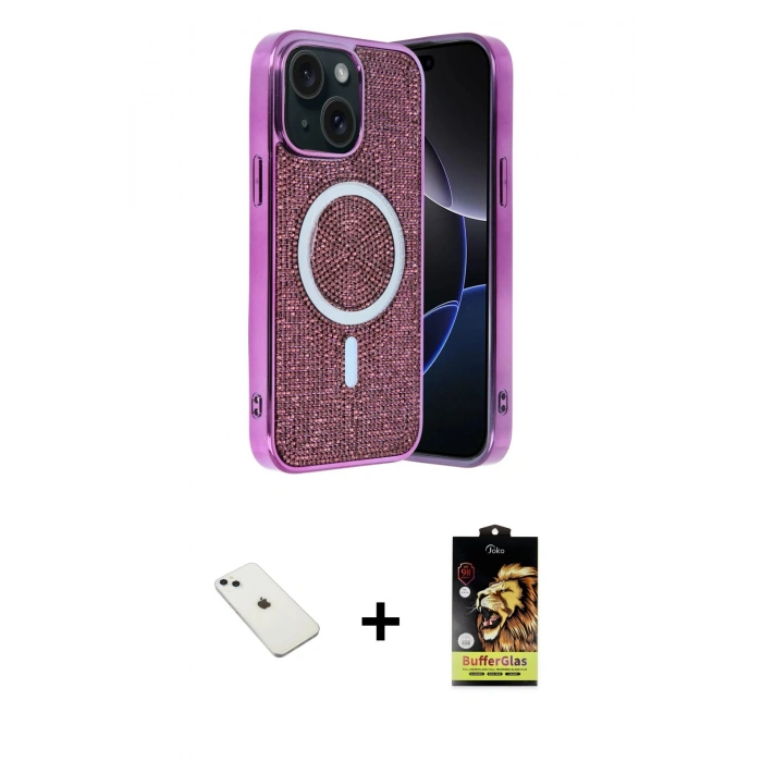 MARSİLYAN™- iPhone 14 Kılıf Eksen Çizgi - Siyah Buffer Cam Ekran Koruyucu + Diamond Kamera Lens - SABE