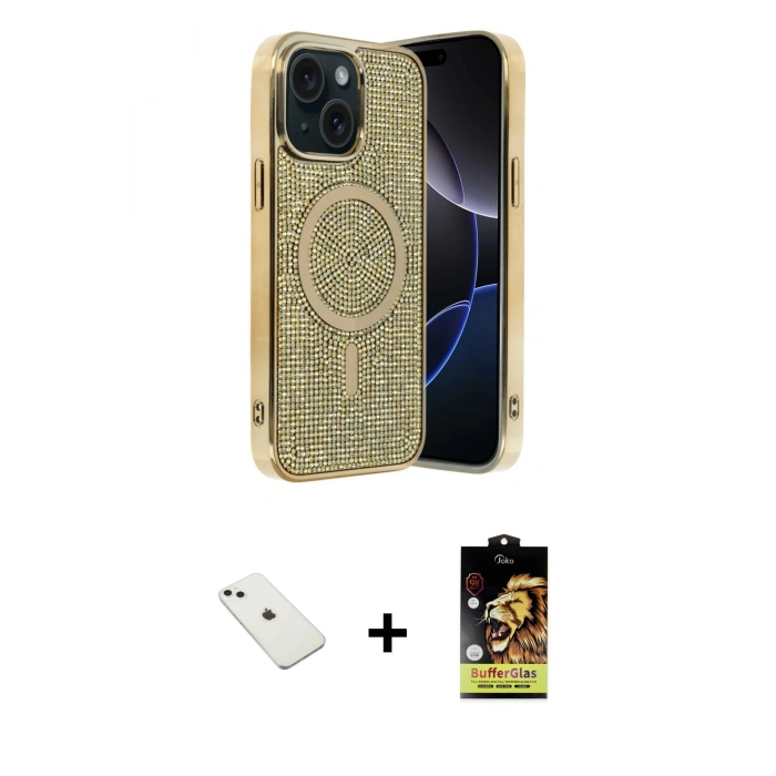 MARSİLYAN™- iPhone 14 Kılıf Eksen Çizgi - Siyah Buffer Cam Ekran Koruyucu + Diamond Kamera Lens - SABE