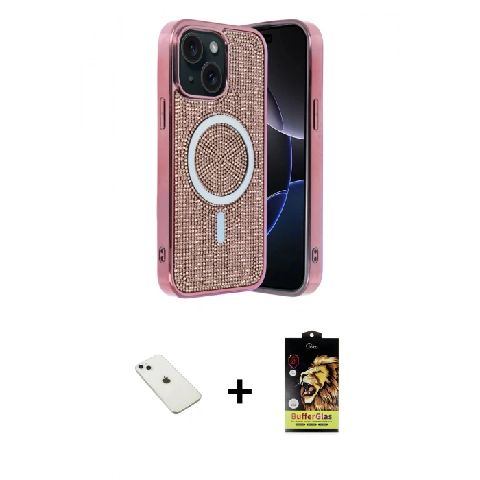MARSİLYAN™- iPhone 14 Kılıf Eksen Çizgi - Siyah Buffer Cam Ekran Koruyucu + Diamond Kamera Lens - SABE