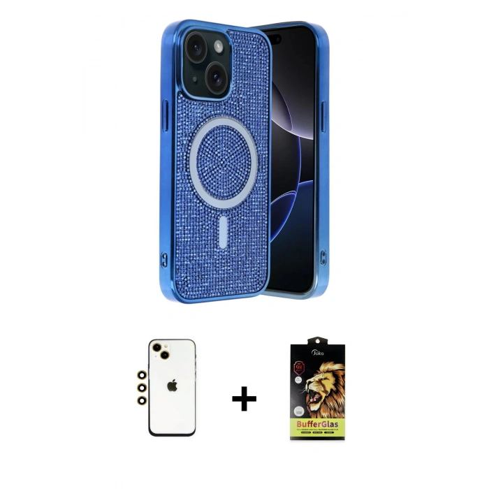 MARSİLYAN™- iPhone 14 Kılıf Eksen Çizgi - Siyah Buffer Cam Ekran Koruyucu + Gold Shine Kamera Lens