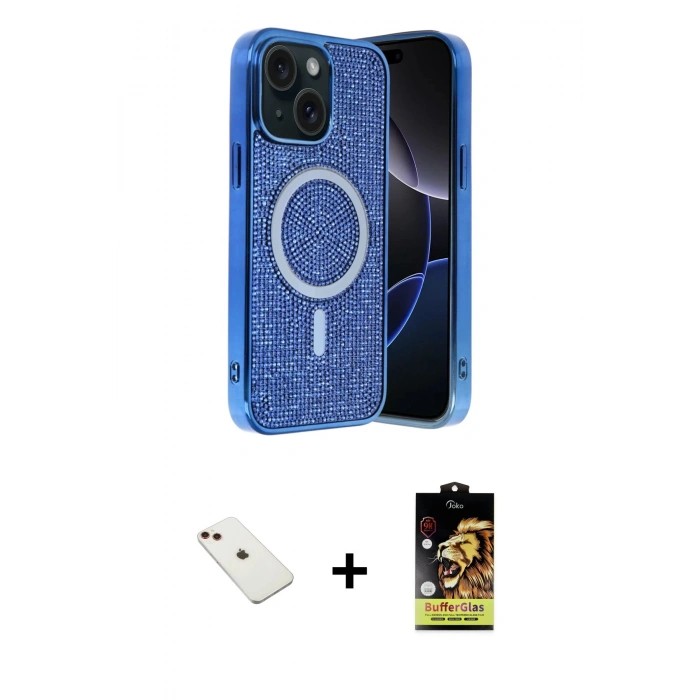 MARSİLYAN™- iPhone 14 Kılıf Eksen Çizgi - Siyah Buffer Cam Ekran Koruyucu + Diamond Kamera Lens - KI