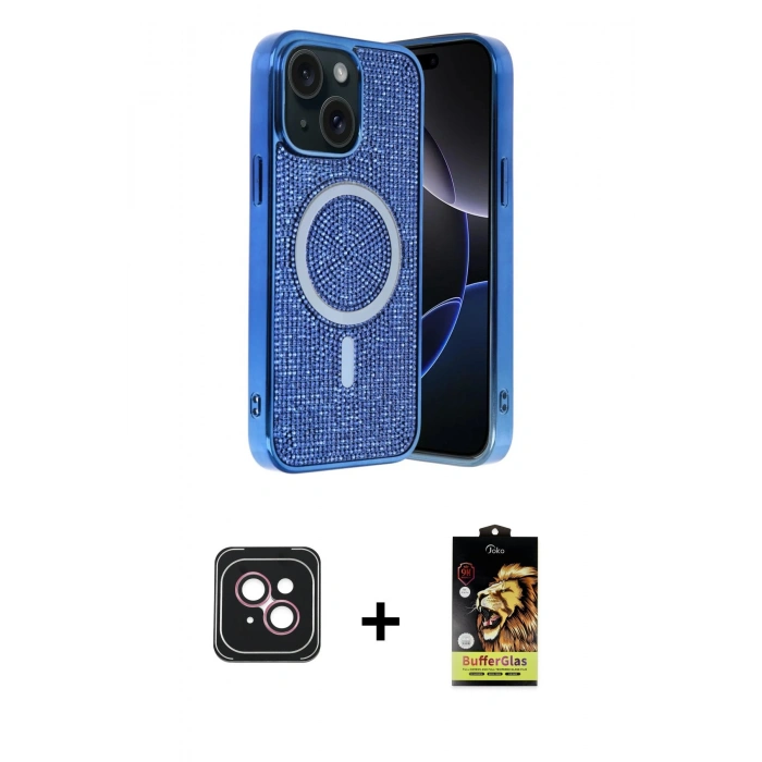 MARSİLYAN™- iPhone 14 Kılıf Eksen Çizgi - Siyah Buffer Cam Ekran Koruyucu + PVD Metal Kamera Lens - PE