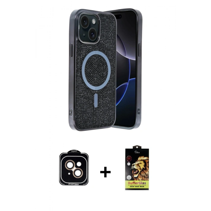 MARSİLYAN™- iPhone 14 Kılıf Eksen Çizgi - Siyah Buffer Cam Ekran Koruyucu + PVD Metal Kamera Lens - TU