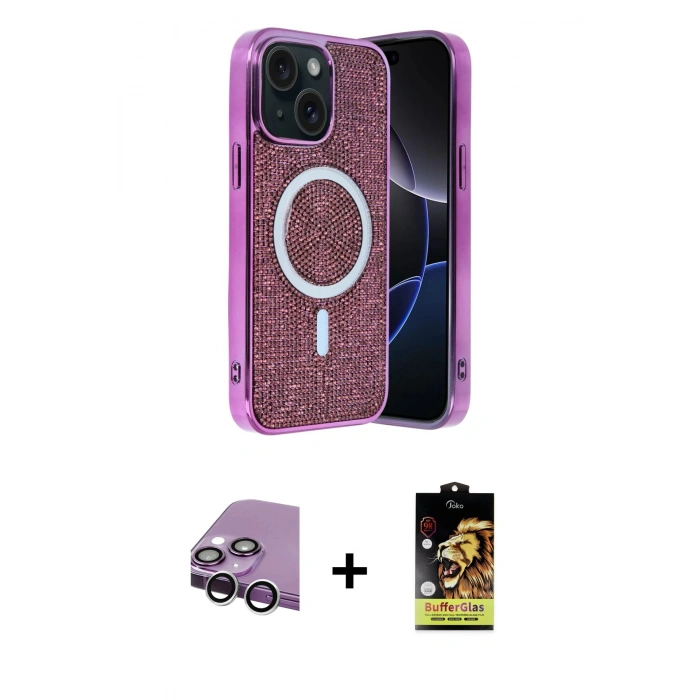MARSİLYAN™- iPhone 14 Kılıf Eksen Çizgi - Siyah Buffer Cam Ekran Koruyucu + Raze Metal Kamera Lens - GS