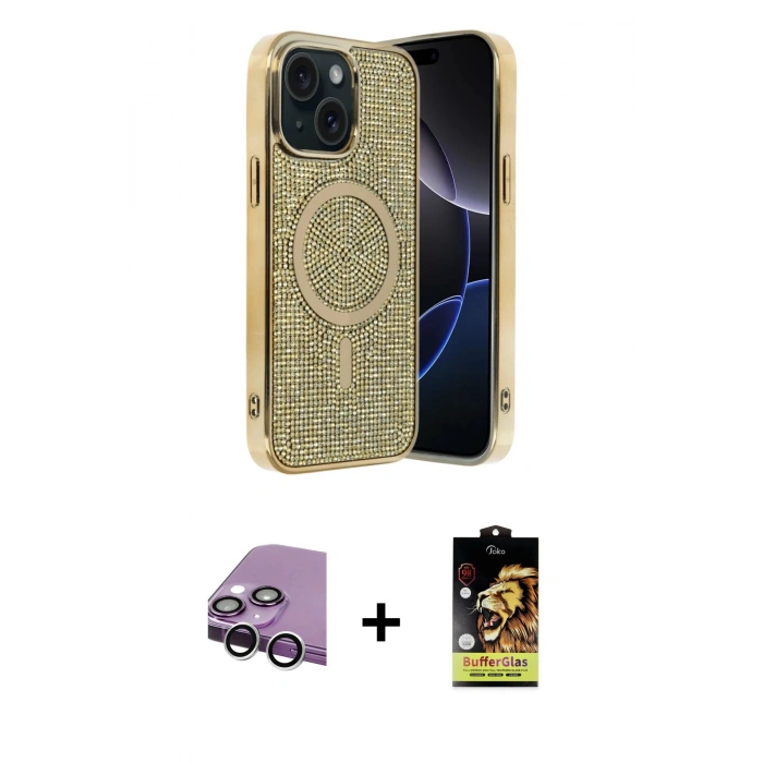 MARSİLYAN™- iPhone 14 Kılıf Eksen Çizgi - Siyah Buffer Cam Ekran Koruyucu + Raze Metal Kamera Lens - GS