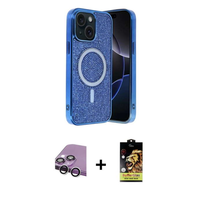 MARSİLYAN™- iPhone 14 Kılıf Eksen Çizgi - Siyah Buffer Cam Ekran Koruyucu + Raze Metal Kamera Lens - GS