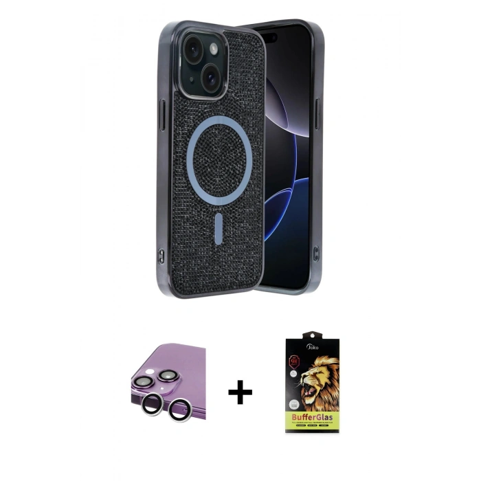 MARSİLYAN™- iPhone 14 Kılıf Eksen Çizgi - Siyah Buffer Cam Ekran Koruyucu + Raze Metal Kamera Lens - GS