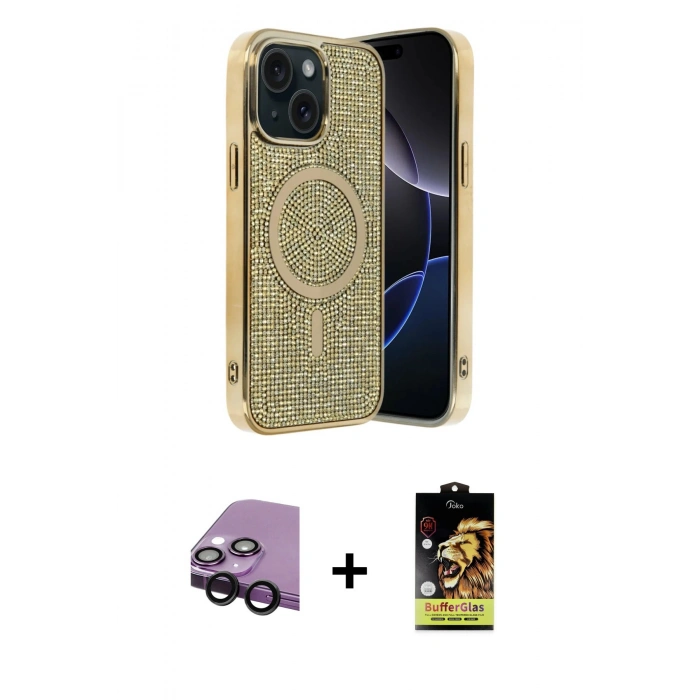 MARSİLYAN™- iPhone 14 Kılıf Eksen Çizgi - Siyah Buffer Cam Ekran Koruyucu + Raze Metal Kamera Lens - SH