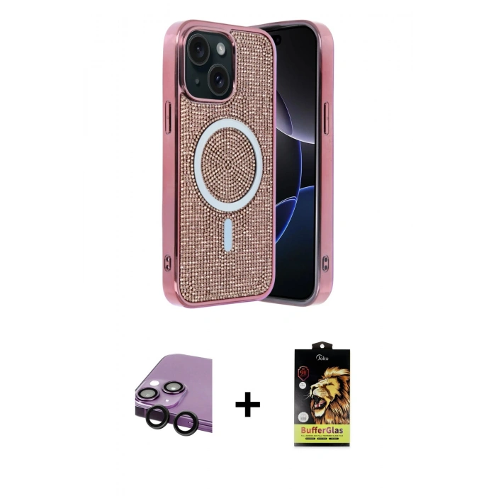 MARSİLYAN™- iPhone 14 Kılıf Eksen Çizgi - Siyah Buffer Cam Ekran Koruyucu + Raze Metal Kamera Lens - SH