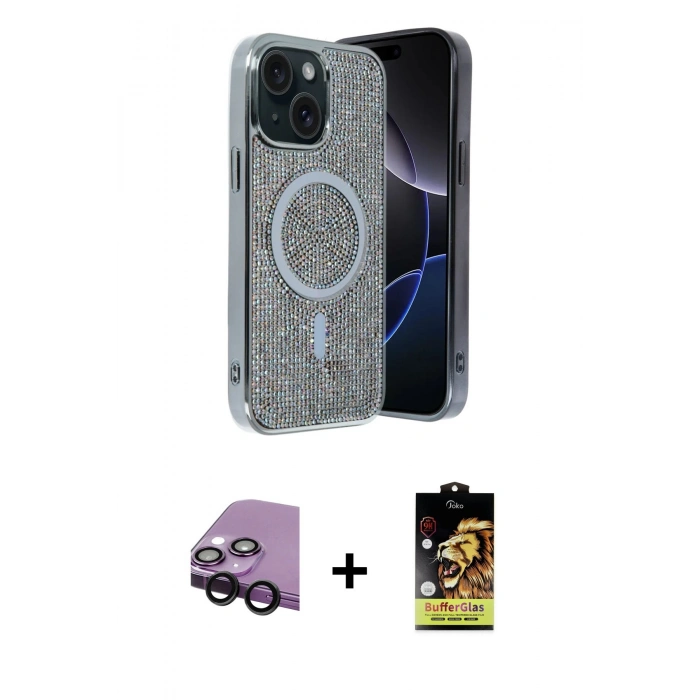 MARSİLYAN™- iPhone 14 Kılıf Eksen Çizgi - Siyah Buffer Cam Ekran Koruyucu + Raze Metal Kamera Lens - SH
