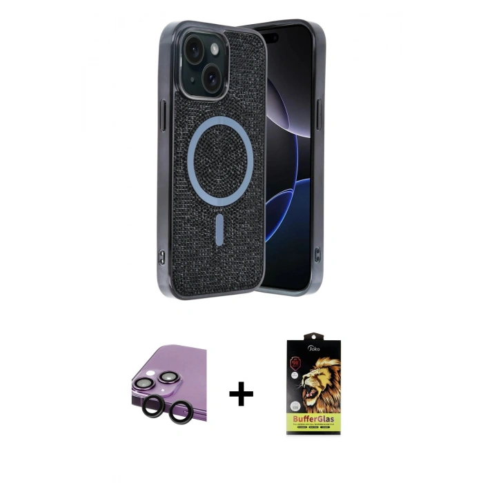 MARSİLYAN™- iPhone 14 Kılıf Eksen Çizgi - Siyah Buffer Cam Ekran Koruyucu + Raze Metal Kamera Lens - SH