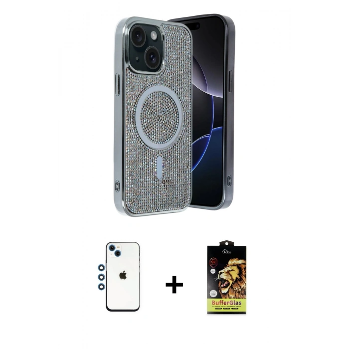 MARSİLYAN™- iPhone 14 Kılıf Eksen Çizgi - Siyah Buffer Cam Ekran Koruyucu + Shine Kamera Lens - MI