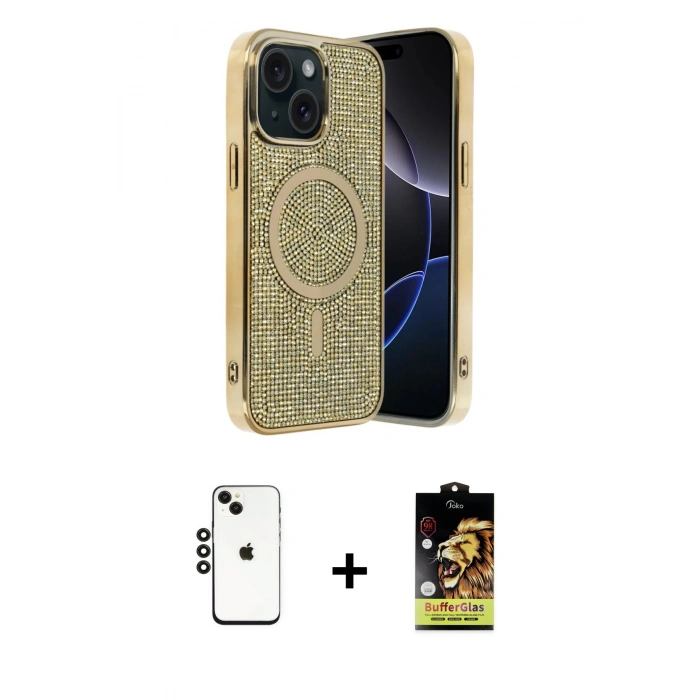 MARSİLYAN™- iPhone 14 Kılıf Eksen Çizgi - Siyah Buffer Cam Ekran Koruyucu + Shine Kamera Lens - SH