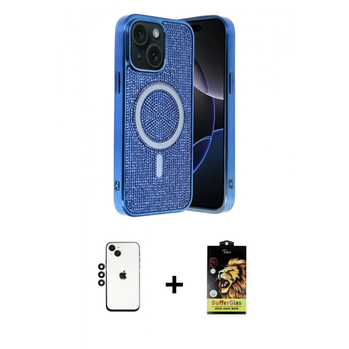 MARSİLYAN™- iPhone 14 Kılıf Eksen Çizgi - Siyah Buffer Cam Ekran Koruyucu + Shine Kamera Lens - SH