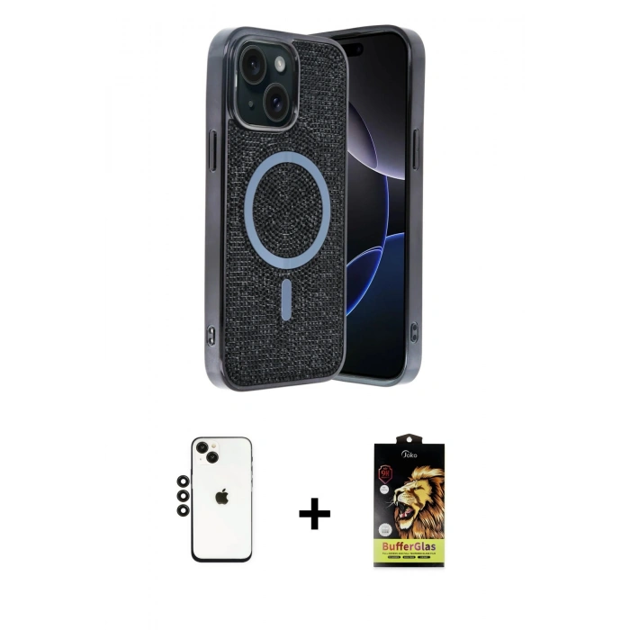 MARSİLYAN™- iPhone 14 Kılıf Eksen Çizgi - Siyah Buffer Cam Ekran Koruyucu + Shine Kamera Lens - SH