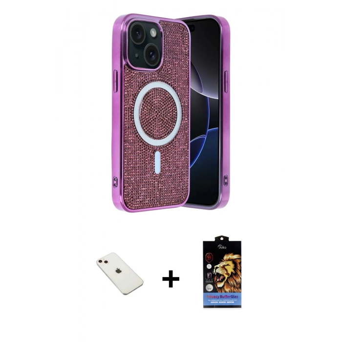 MARSİLYAN™- iPhone 14 Kılıf Eksen Çizgi - Siyah Buffer Hayalet Cam Ekran Koruyucu + Diamond Kamera Lens - PE