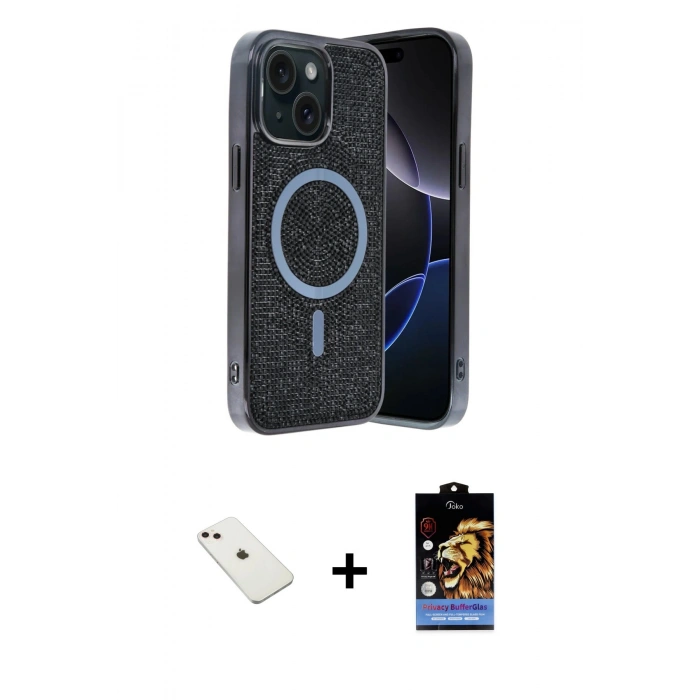 MARSİLYAN™- iPhone 14 Kılıf Eksen Çizgi - Siyah Buffer Hayalet Cam Ekran Koruyucu + Diamond Kamera Lens - PE