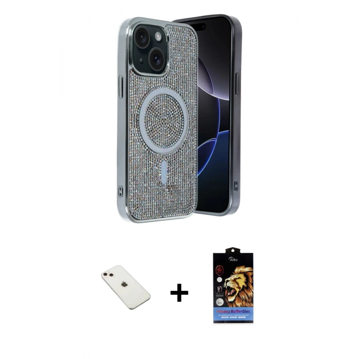 MARSİLYAN™- iPhone 14 Kılıf Eksen Çizgi - Siyah Buffer Hayalet Cam Ekran Koruyucu + Diamond Kamera Lens - PE
