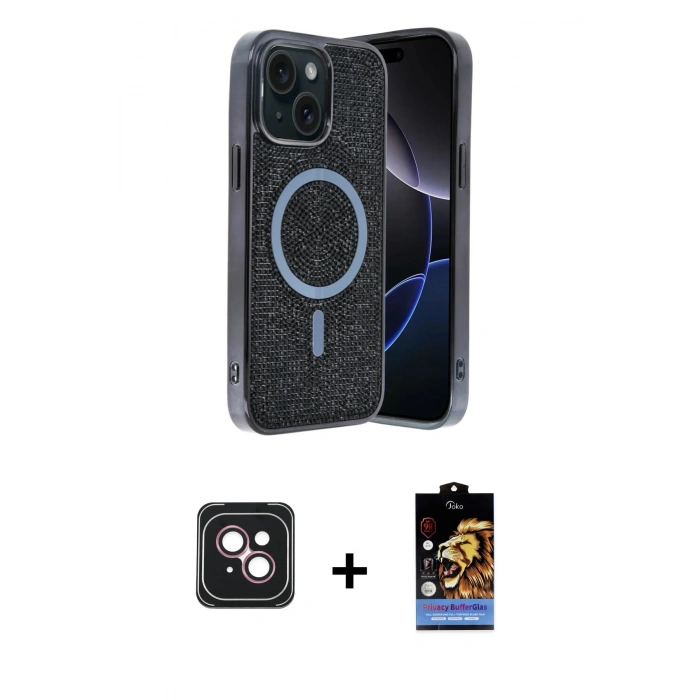 MARSİLYAN™- iPhone 14 Kılıf Eksen Çizgi - Siyah Buffer Hayalet Cam Ekran Koruyucu + PVD Metal Kamera Lens - PE