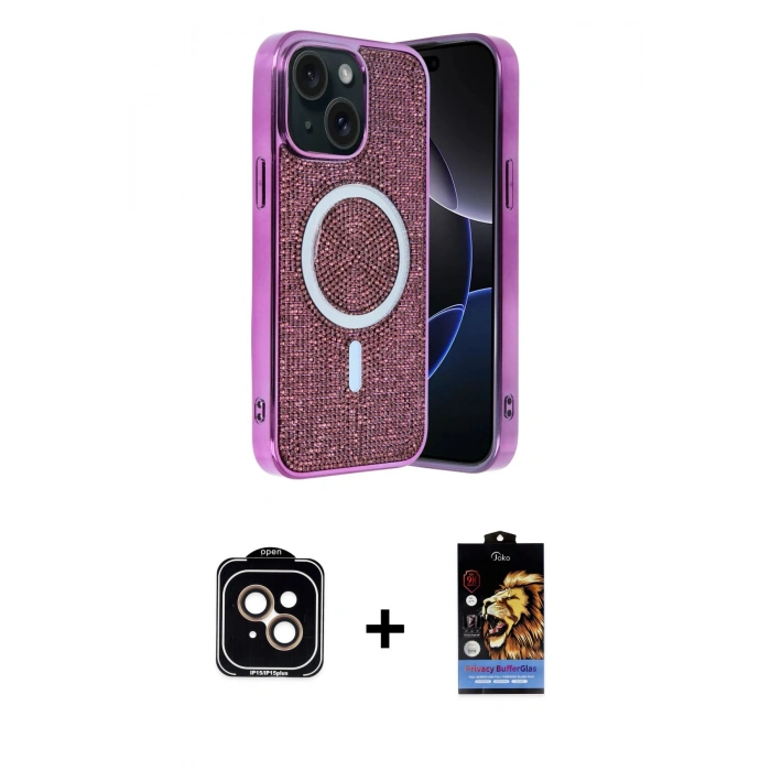 MARSİLYAN™- iPhone 14 Kılıf Eksen Çizgi - Siyah Buffer Hayalet Cam Ekran Koruyucu + PVD Metal Kamera Lens - TU