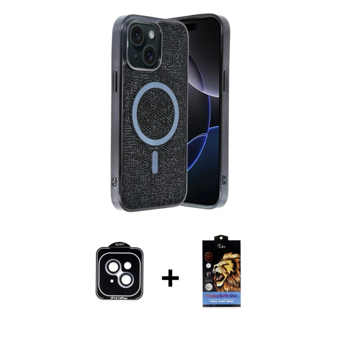MARSİLYAN™- iPhone 14 Kılıf Eksen Çizgi - Siyah Buffer Hayalet Cam Ekran Koruyucu + PVD Metal Kamera Lens - MI