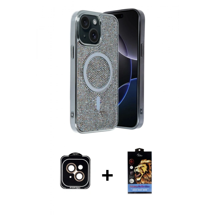 MARSİLYAN™- iPhone 14 Kılıf Eksen Çizgi - Siyah Buffer Hayalet Cam Ekran Koruyucu + PVD Metal Kamera Lens - TU
