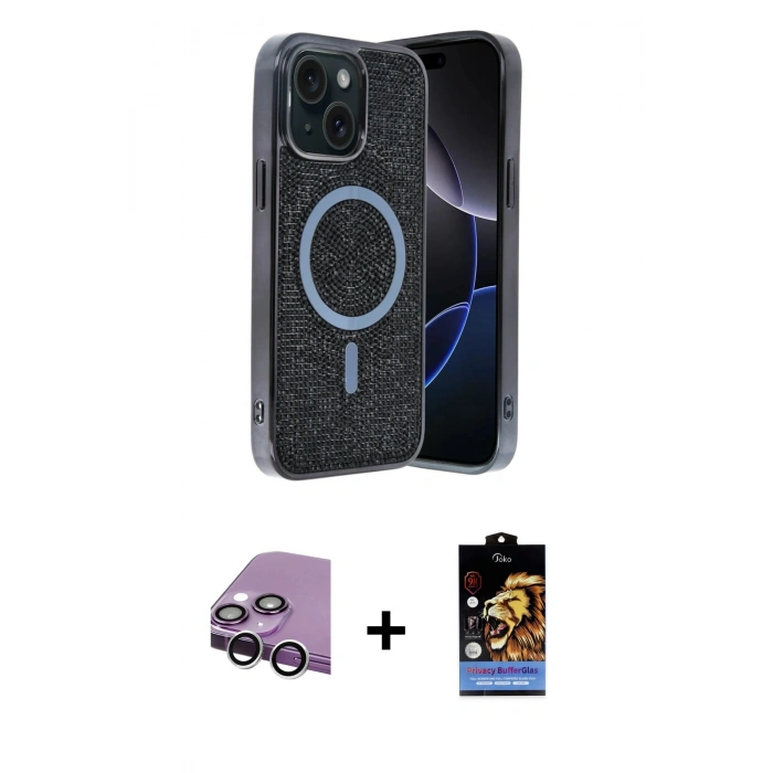 MARSİLYAN™- iPhone 14 Kılıf Eksen Çizgi - Siyah Buffer Hayalet Cam Ekran Koruyucu + Raze Metal Kamera Lens - GS