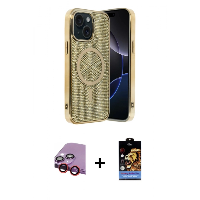 MARSİLYAN™- iPhone 14 Kılıf Eksen Çizgi - Siyah Buffer Hayalet Cam Ekran Koruyucu + Raze Metal Kamera Lens - KI