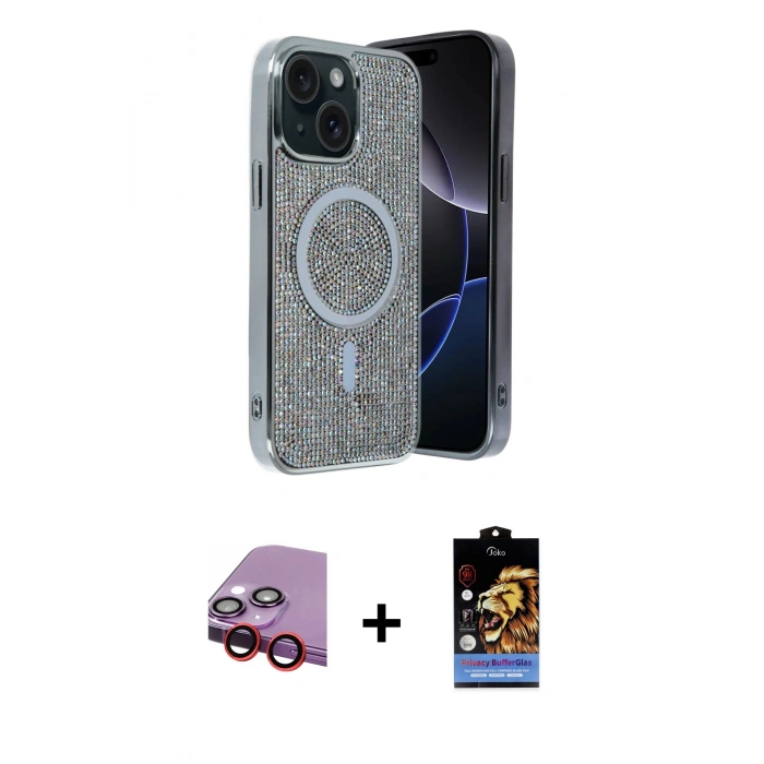 MARSİLYAN™- iPhone 14 Kılıf Eksen Çizgi - Siyah Buffer Hayalet Cam Ekran Koruyucu + Raze Metal Kamera Lens - KI