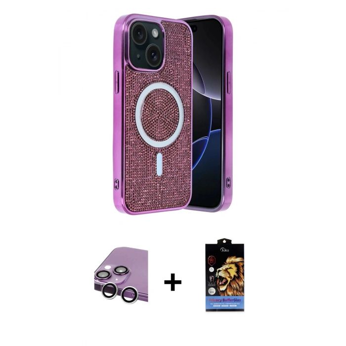 MARSİLYAN™- iPhone 14 Kılıf Eksen Çizgi - Siyah Buffer Hayalet Cam Ekran Koruyucu + Raze Metal Kamera Lens - GS