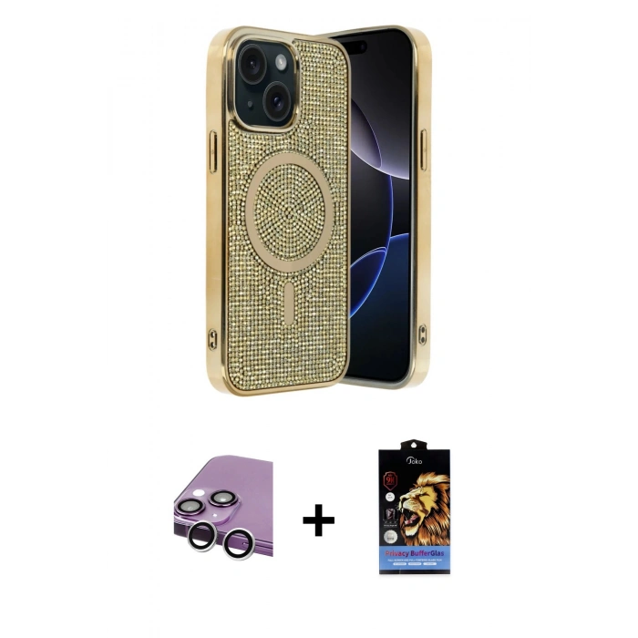 MARSİLYAN™- iPhone 14 Kılıf Eksen Çizgi - Siyah Buffer Hayalet Cam Ekran Koruyucu + Raze Metal Kamera Lens - GS