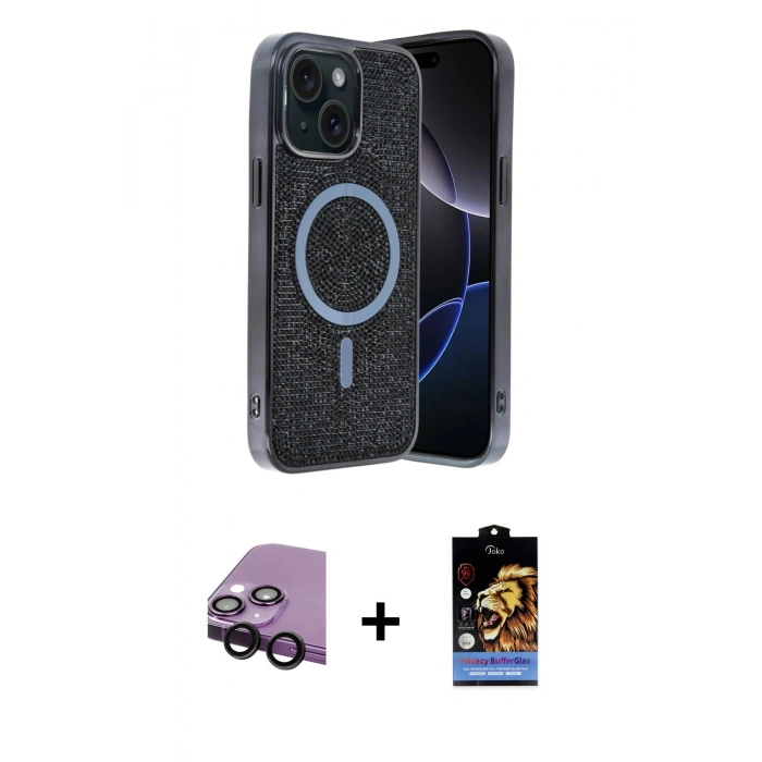 MARSİLYAN™- iPhone 14 Kılıf Eksen Çizgi - Siyah Buffer Hayalet Cam Ekran Koruyucu + Raze Metal Kamera Lens - SH